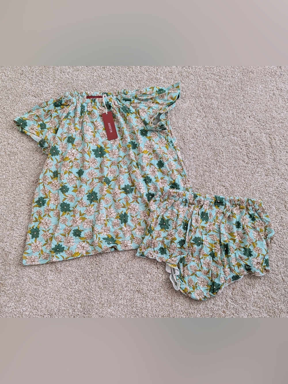 Milkbarn Mint Floral Off-Shoulder Pajama Set with Green & Cream Flowers